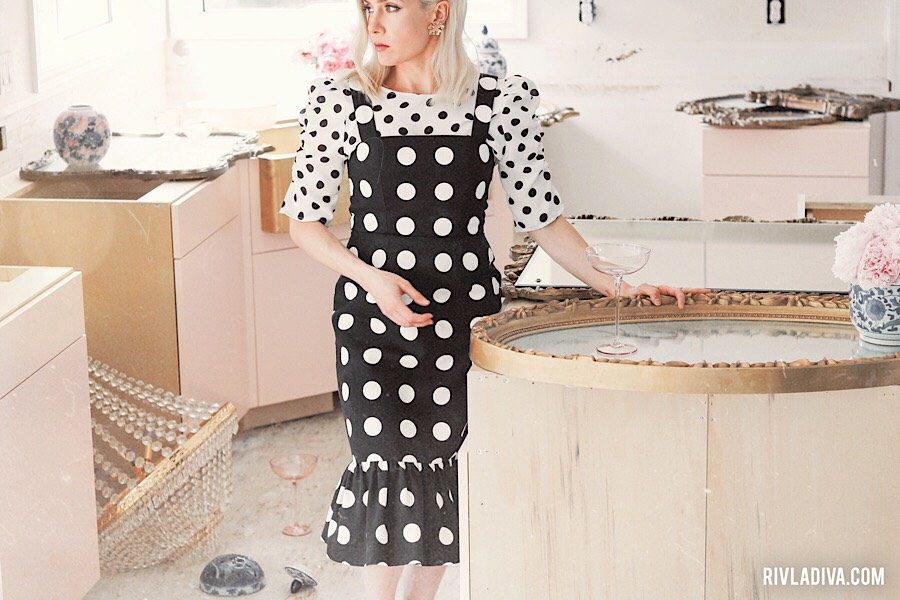 A Beautiful Mess. Unfinished vintage glamour pink kitchen inspo. Wearing polka dot dress.